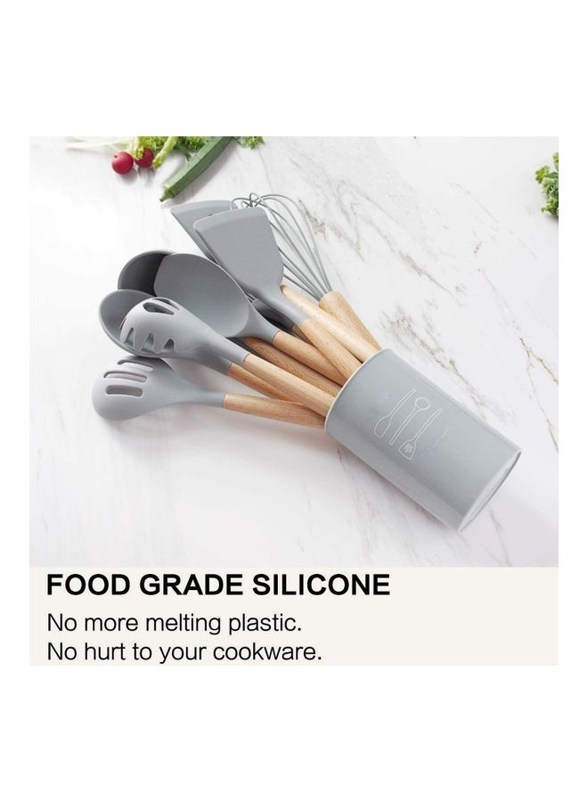 XiuWoo 13-Piece Silicone Wooden Handle Kitchen Utensil Set With Holder Grey/Brown One Size - Image 4