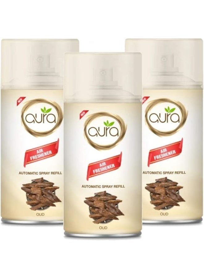 Aura Air Freshner Refill Automatic Spray-OUD Scent Fragrance- Pack of 3x 250ml long lasting fragrances Designed to mask and remove unpleasant odours and refresh the air-Easy to Use-Room Freshener Refill Spray-Air freshener for Dispensers-Air fresher refill spray for home,office,kitchen,bathroom - Image 1