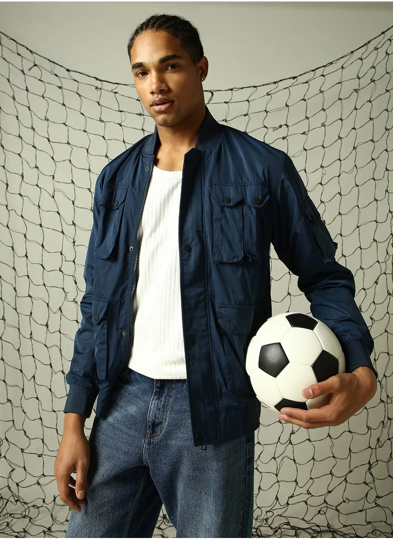 هوبرهولمي Men's Navy 100% Polyester Solid Oversized Jacket