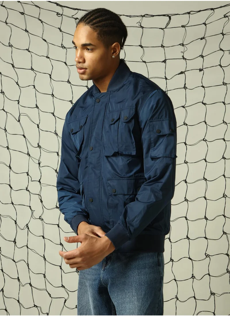 هوبرهولمي Men's Navy 100% Polyester Solid Oversized Jacket