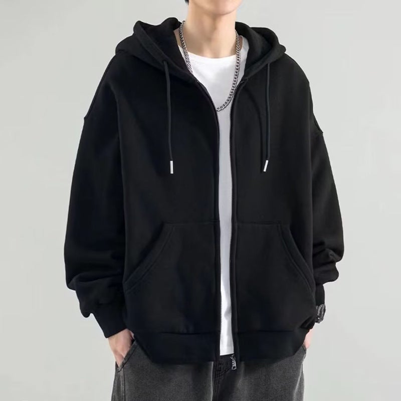 Zipper Sweatshirt Hooded Mens Spring and Autumn Jacket Casual Sportswear Loose fleece-lined Clothes Simple Autumn Top Grey-regular - Image 3
