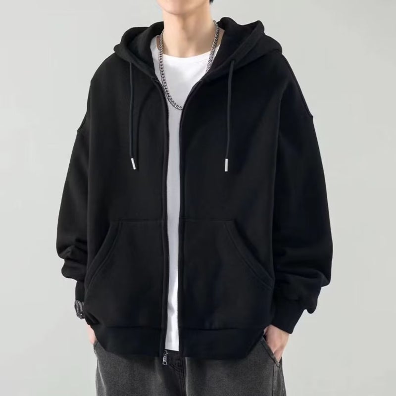 Zipper Sweatshirt Hooded Mens Spring and Autumn Jacket Casual Sportswear Loose fleece-lined Clothes Simple Autumn Top Grey-regular - Image 2