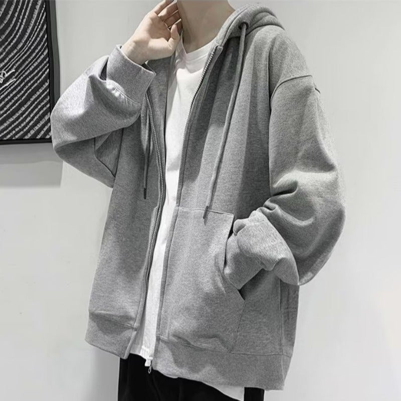 Zipper Sweatshirt Hooded Mens Spring and Autumn Jacket Casual Sportswear Loose fleece-lined Clothes Simple Autumn Top Grey-regular - Image 1
