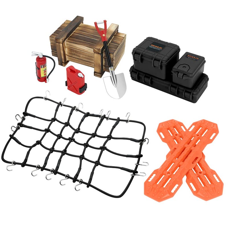 GLOBACT 110 RC Crawler Accessories Storage Box Wood Box Luggage Net Fuel Box Shovel Fire Extinguisher Recovery Board for RC 110 Crawler Traxxas TRX4 Axial SCX10 Redcat Black - Image 2
