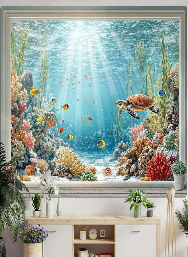 Lifeella Under the Sea Window Tapestry, Coastal Turtle Ocean Mural, Nautical Wall Backdrop for Bedroom Dorm Living Room Decor, 36x48 inches - Image 1