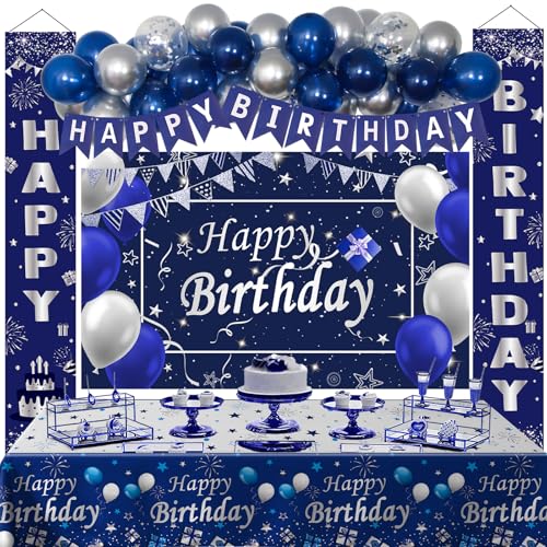 Nigifter Blue Birthday Decorations 37 PCS Blue and Silver Party Decorations for Men Boys Women Girls Happy Birthday Backdrop Banner Tablecloth Party Supplies Confetti Balloons Arch - Image 1