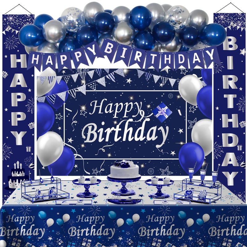 Nigifter Blue Birthday Decorations 37 PCS Blue and Silver Party Decorations for Men Boys Women Girls Happy Birthday Backdrop Banner Tablecloth Party Supplies Confetti Balloons Arch - Image 3
