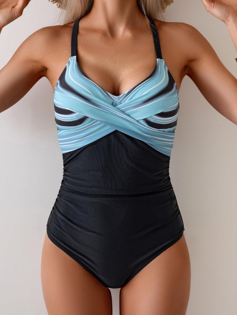 B2prity Women's One Piece Swimsuits Tummy Control Front Cross Bathing Suits Tie Back Slimming V Neck Swimwear - Image 2