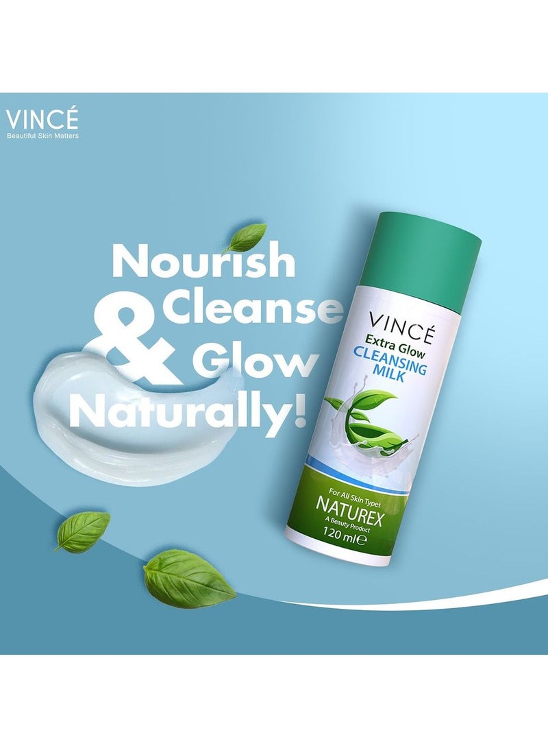 فينس حليب التنظيف Extra Glow - ينظف بعمق ويزيل المكياج والأوساخ والشوائب - ينقي المسام ويوازن الرطوبة ويستعيد حيوية البشرة للحصول على بشرة ناعمة ومرنة - خالٍ من البارابين، 120 مل - Image 2