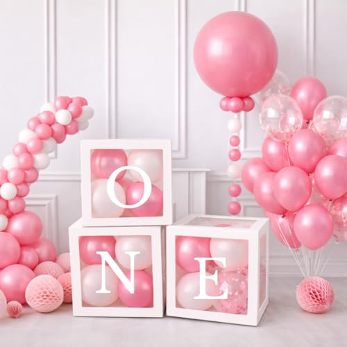 Festi Duck ONE' Balloon Box Set - Stylish Lettered Decor for First Birthday & Aniversary Celebration (One Birthday Box) 28 pcs set (Pink & White) - Image 1