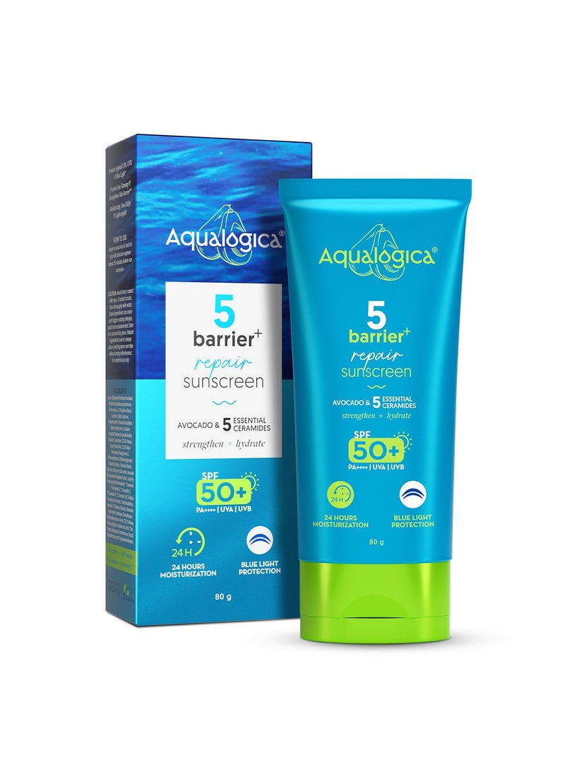 Aqualogica 5 Barrier Repair Sunscreen with Avocado  5 Essential Ceramides80g  SPF 50 PA  24 Hr Moisturization  Fragrance Free 