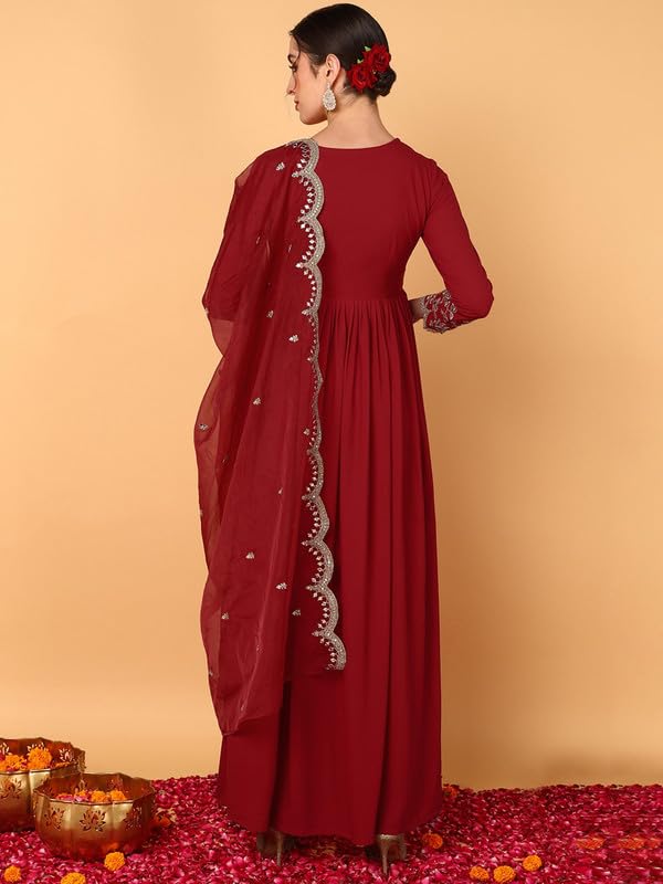 Vaamsi Women's Georgette Solid Embroidered Anarkali Kurta With Dupatta With Inner (VKSET1485_Red_3XL) - Image 2