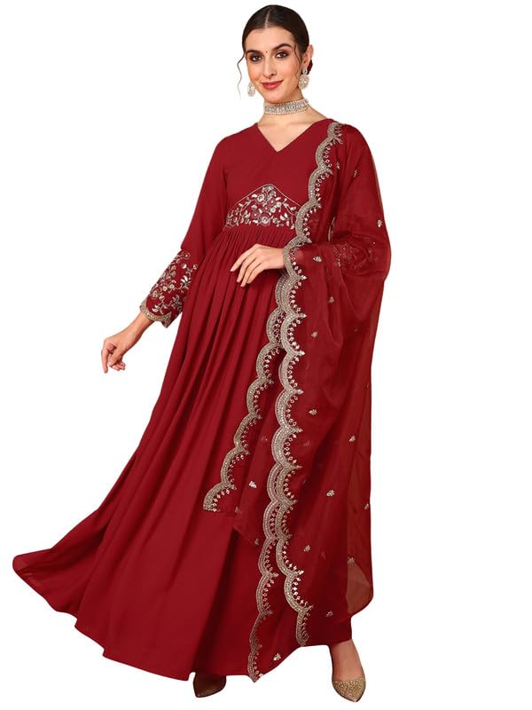 Vaamsi Women's Georgette Solid Embroidered Anarkali Kurta With Dupatta With Inner (VKSET1485_Red_3XL) - Image 1