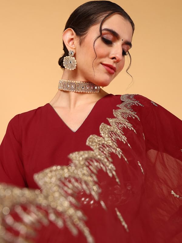 Vaamsi Women's Georgette Solid Embroidered Anarkali Kurta With Dupatta With Inner (VKSET1485_Red_3XL) - Image 3