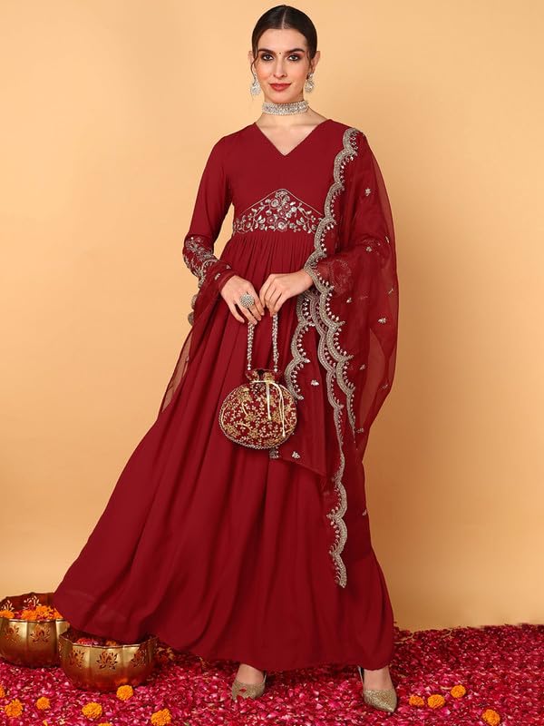 Vaamsi Women's Georgette Solid Embroidered Anarkali Kurta With Dupatta With Inner (VKSET1485_Red_3XL) - Image 5