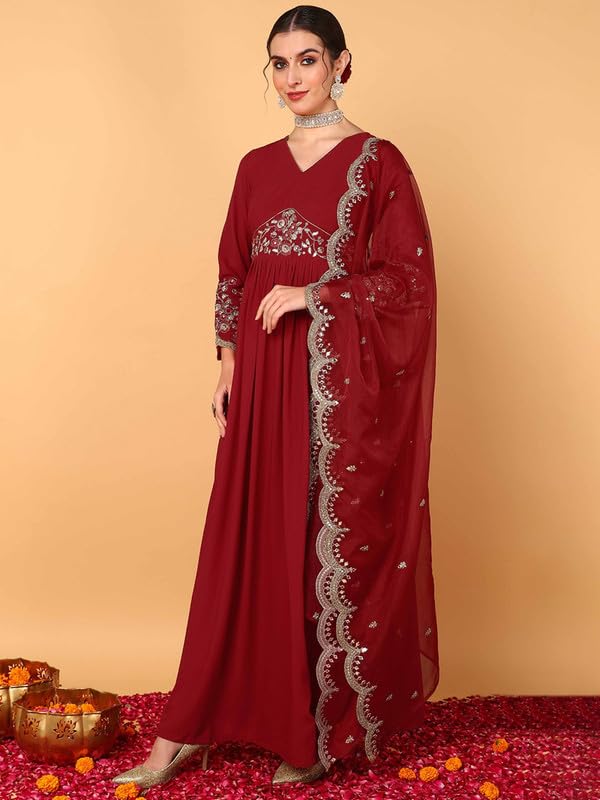Vaamsi Women's Georgette Solid Embroidered Anarkali Kurta With Dupatta With Inner (VKSET1485_Red_3XL) - Image 4