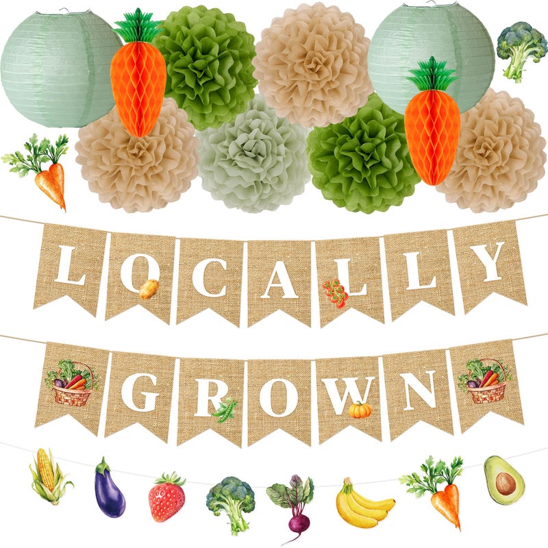 Kriyokiaa Locally Grown Baby Shower Decorations, 12 PCS Farmers Market Baby Shower Decor with Locally Grown Banner, Paper Tissue Pom Poms, Lanterns for Farmers Market Party Decor - Image 1