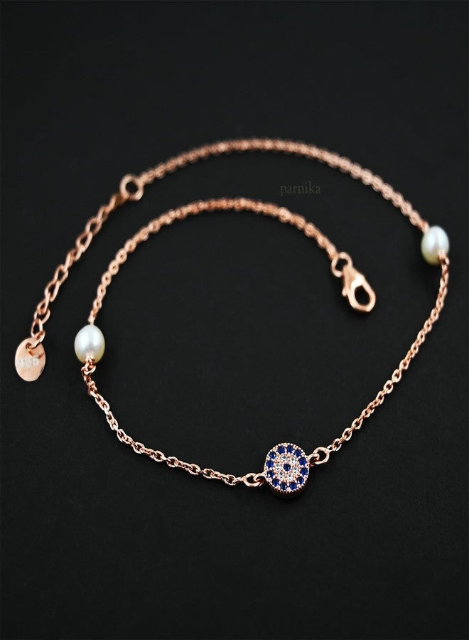Parnika 925 Evil Eye Charm with Pearl Rose Gold Plated Anklets in Pure 92.5 Sterling Silver for Girls & Women | Certificate of Authenticity | Valentines Gift for Her | - Image 2