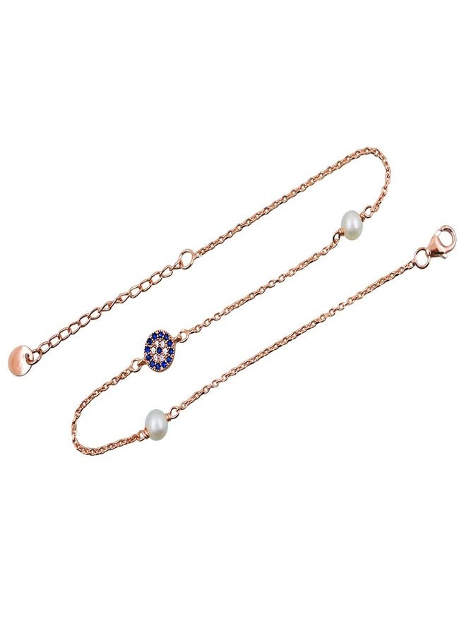 Parnika 925 Evil Eye Charm with Pearl Rose Gold Plated Anklets in Pure 92.5 Sterling Silver for Girls & Women | Certificate of Authenticity | Valentines Gift for Her | - Image 1
