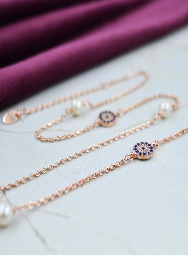Parnika 925 Evil Eye Charm with Pearl Rose Gold Plated Anklets in Pure 92.5 Sterling Silver for Girls & Women | Certificate of Authenticity | Valentines Gift for Her | - Image 4