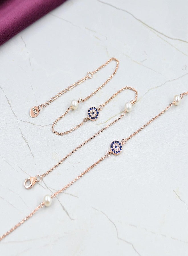 Parnika 925 Evil Eye Charm with Pearl Rose Gold Plated Anklets in Pure 92.5 Sterling Silver for Girls & Women | Certificate of Authenticity | Valentines Gift for Her | - Image 3