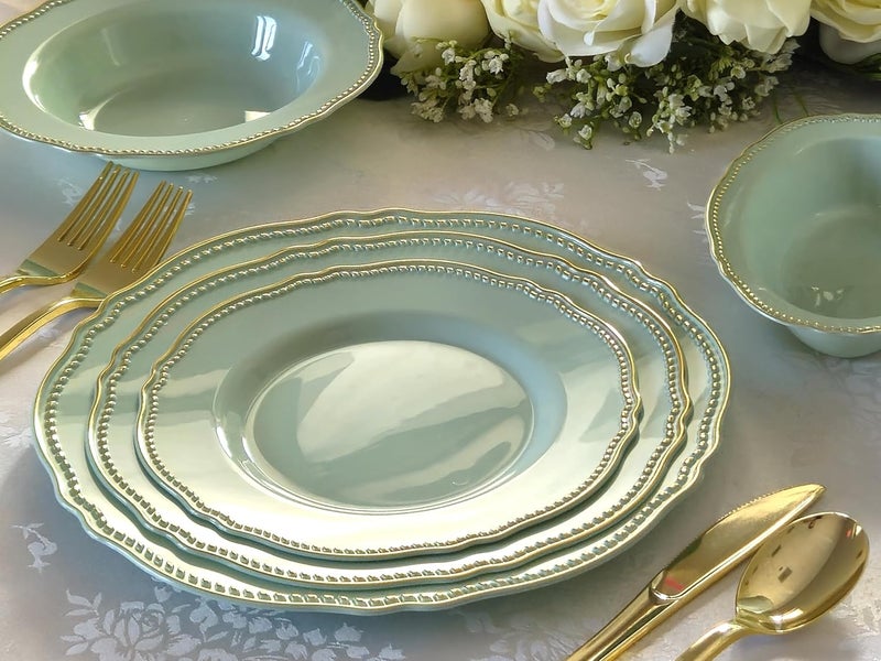 OCCASIONS FINEST PLASTIC TABLEWARE " OCCASIONS " 50 Plates Pack (25 Guests)-Heavyweight Wedding Party Disposable Plastic Plate Set -25 x 10.25'' Dinner + 25 x 7.5'' Salad/dessert plates (Rochelle Seafoam/Mint and Gold)) - Image 3