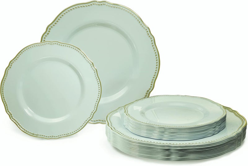 OCCASIONS FINEST PLASTIC TABLEWARE " OCCASIONS " 50 Plates Pack (25 Guests)-Heavyweight Wedding Party Disposable Plastic Plate Set -25 x 10.25'' Dinner + 25 x 7.5'' Salad/dessert plates (Rochelle Seafoam/Mint and Gold)) - Image 1
