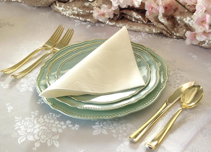 OCCASIONS FINEST PLASTIC TABLEWARE " OCCASIONS " 50 Plates Pack (25 Guests)-Heavyweight Wedding Party Disposable Plastic Plate Set -25 x 10.25'' Dinner + 25 x 7.5'' Salad/dessert plates (Rochelle Seafoam/Mint and Gold)) - Image 4