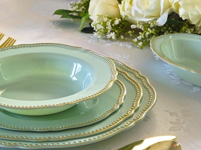 OCCASIONS FINEST PLASTIC TABLEWARE " OCCASIONS " 50 Plates Pack (25 Guests)-Heavyweight Wedding Party Disposable Plastic Plate Set -25 x 10.25'' Dinner + 25 x 7.5'' Salad/dessert plates (Rochelle Seafoam/Mint and Gold)) - Image 5