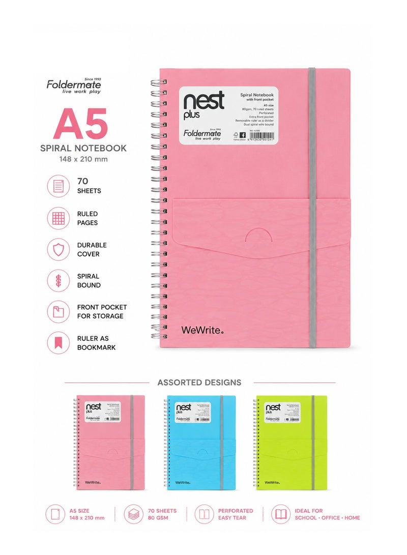 Foldermate 1-Piece A5 Size Spiral Lined Notebook with Divider & Pocket Assorted Colours - Image 1