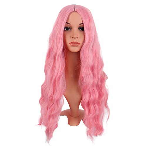 MapofBeauty 28 Inch/70 cm Long Wavy Middle Part with No Bangs Synthetic Fiber Curly Fashion Women Party Cosplay Wig (Light Pink) - Image 1