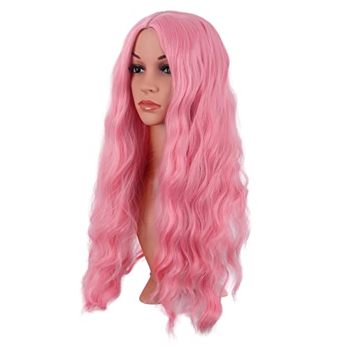 MapofBeauty 28 Inch/70 cm Long Wavy Middle Part with No Bangs Synthetic Fiber Curly Fashion Women Party Cosplay Wig (Light Pink) - Image 3