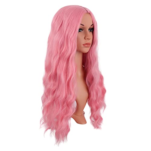 MapofBeauty 28 Inch/70 cm Long Wavy Middle Part with No Bangs Synthetic Fiber Curly Fashion Women Party Cosplay Wig (Light Pink) - Image 2