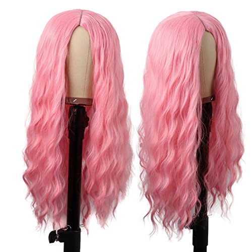 MapofBeauty 28 Inch/70 cm Long Wavy Middle Part with No Bangs Synthetic Fiber Curly Fashion Women Party Cosplay Wig (Light Pink) - Image 5