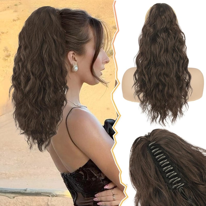 BARSDAR Brown Ponytail Extension  18 Inch Claw Clip Ponytail Extensions for Women  Curly Wavy Multi Layered Synthetic Fake Clip in Pony Tails Hairpieces Daily Party  Brown