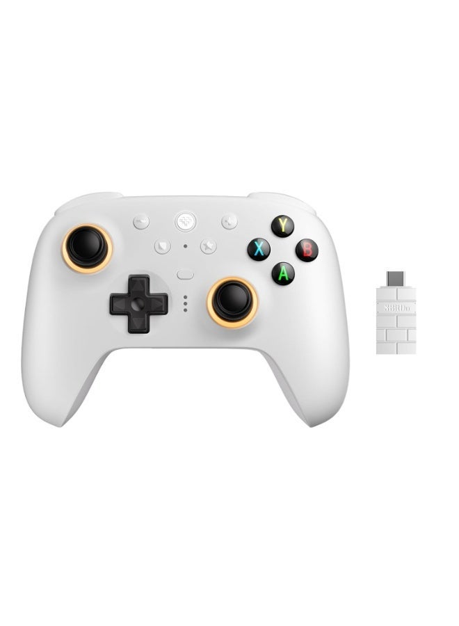 8Bitdo The 8BitDo Ultimate 2 wireless gamepad is compatible with Windows PC, Apple, Steam, and Android. It features TMR joysticks, Hall effect/haptic triggers, motion controls, an RGB fire ring, and a 1000Hz polling rate. It is available in white. - Image 1