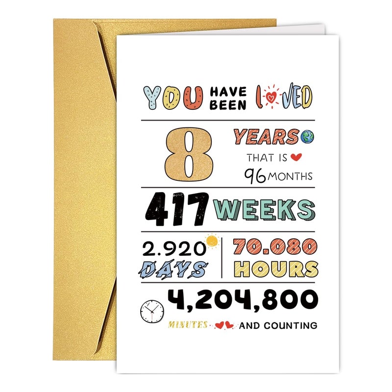 COLINHELIN Happy 8th Birthday Card, Cute Eight Years Old Birthday Gift for Son Daughter Grandson Granddaughter, Best 8th Bday Gift Idea for Girls Boys Children, 8st Birthday Gift Card From Dad Mom - Image 1
