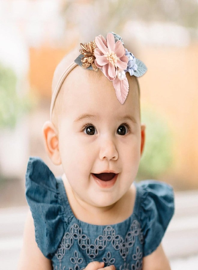 SYGA Baby Headband, Stitching Pearl Flower Stretchable, Nylon HairBand for Newborn Infant Toddlers Kids 0-3 Year (Pink & Khaki) - Image 5
