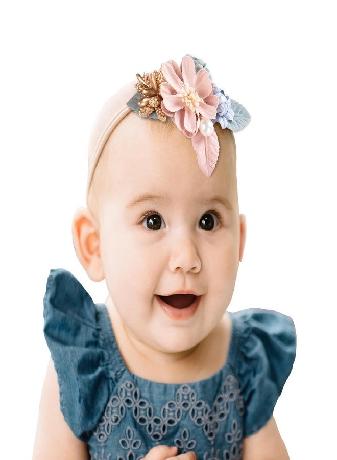 SYGA Baby Headband, Stitching Pearl Flower Stretchable, Nylon HairBand for Newborn Infant Toddlers Kids 0-3 Year (Pink & Khaki) - Image 1