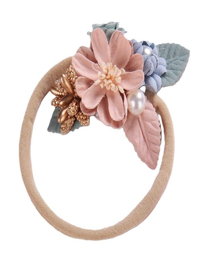 SYGA Baby Headband, Stitching Pearl Flower Stretchable, Nylon HairBand for Newborn Infant Toddlers Kids 0-3 Year (Pink & Khaki) - Image 2