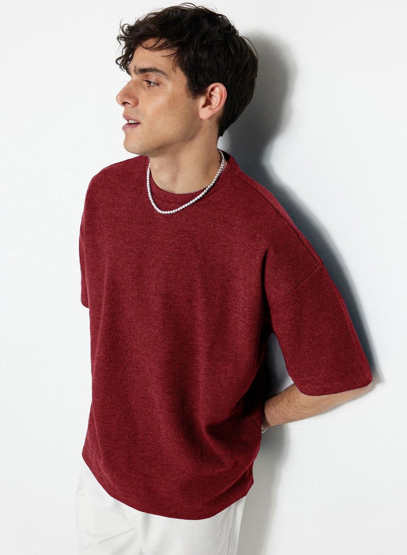 trendyol Basic Burgundy Oversized /Wide Cut Textured Waffle Short Sleeve T-Shirt Tmnss22Ts00049 - Image 3