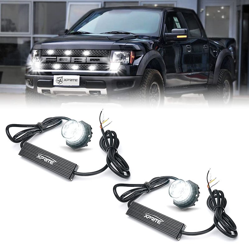 Xprite Hideaway Strobe Lights White LED Strobe Light Kit with 14 Flash Patterns Grill Strobe Lights for Trucks Surface Mount Headlight Taillight Emergency Warning for Work and Tow Vehicles 2PCS