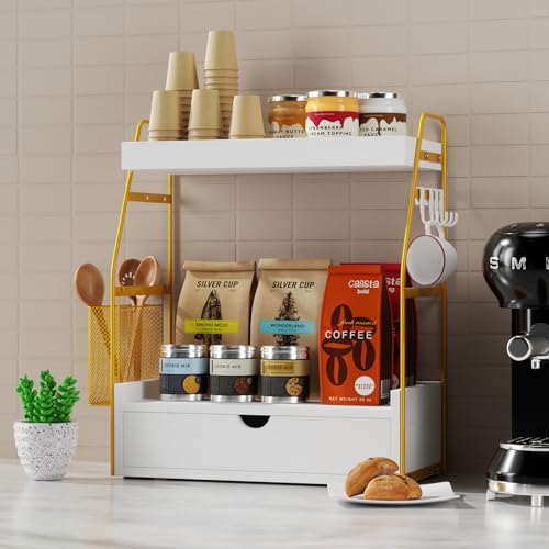 Agotglmi 2 Tier Bathroom Counter Organizer with Drawer Basket Wooden Vanity Tray Countertop Shelf Accessories for Makeup Storage Coffee Bar Station Perfume Skincare Kitchen Bedroom White - Image 1