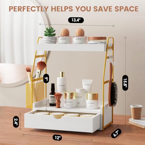 Agotglmi 2 Tier Bathroom Counter Organizer with Drawer Basket Wooden Vanity Tray Countertop Shelf Accessories for Makeup Storage Coffee Bar Station Perfume Skincare Kitchen Bedroom White - Image 3