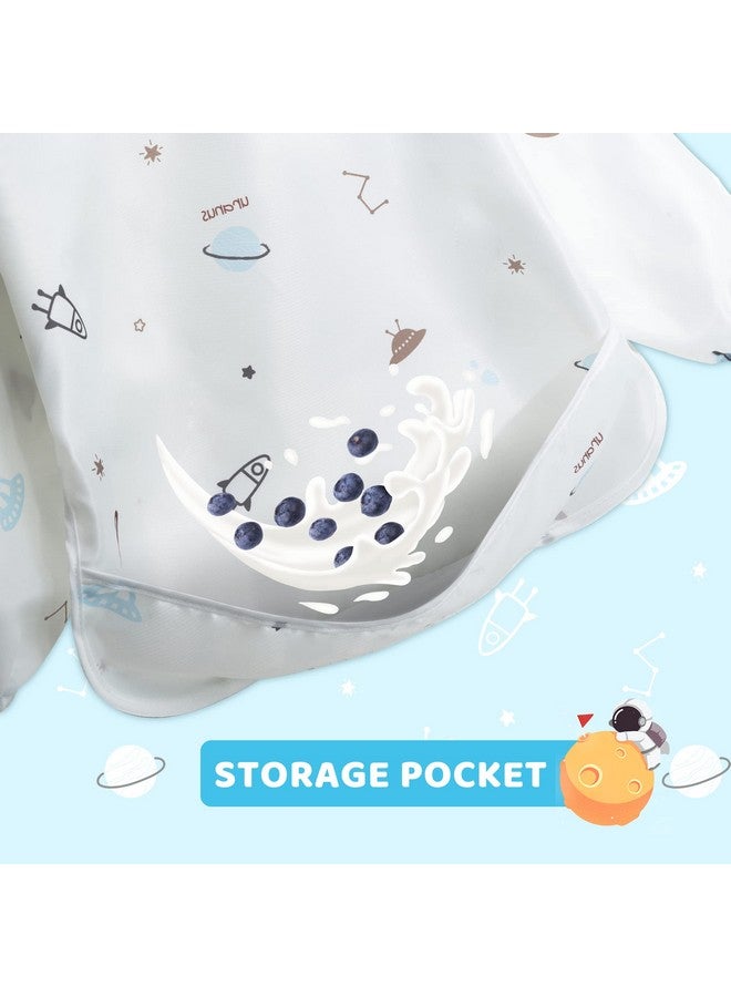Little Dimsum Mess-Proof Baby Bibs|Infant Toddler Long Sleeve Waterproof Feeding Art Smock|Catching Food & Wipe Clean|Pack of 2 Colors Glatic&spaceship - Image 3