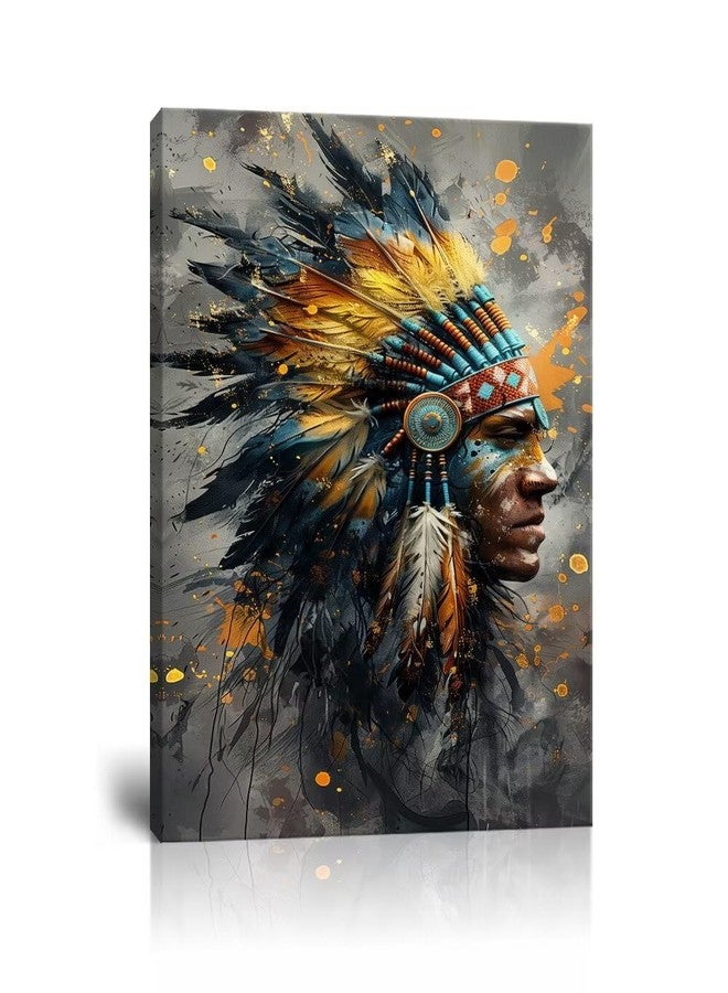 Wall HDQ Native American Chief Feathered Oil Painting Colorful Indian Canvas Wall Art Retro Wall Decor for Bedroom Bathroom Home Decorations Framed(18" x 24") - Image 1