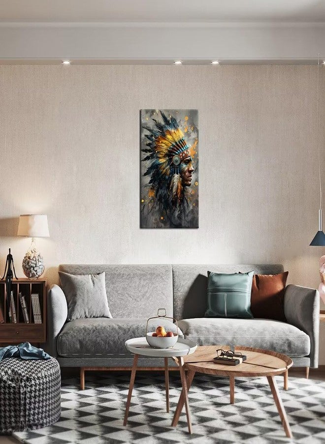Wall HDQ Native American Chief Feathered Oil Painting Colorful Indian Canvas Wall Art Retro Wall Decor for Bedroom Bathroom Home Decorations Framed(18" x 24") - Image 2