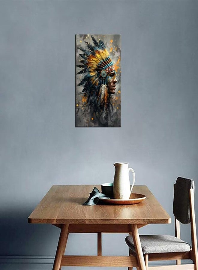 Wall HDQ Native American Chief Feathered Oil Painting Colorful Indian Canvas Wall Art Retro Wall Decor for Bedroom Bathroom Home Decorations Framed(18" x 24") - Image 3