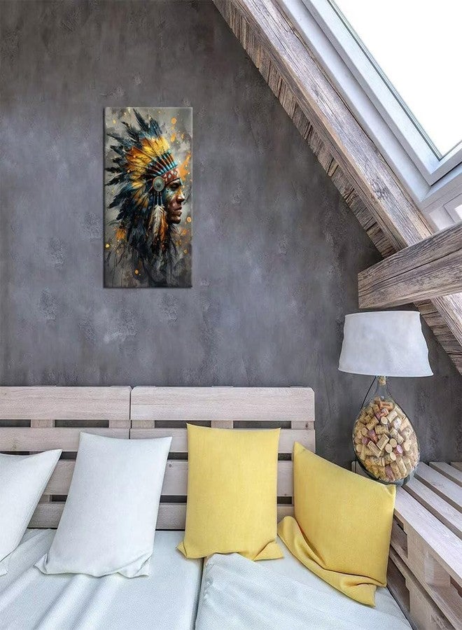 Wall HDQ Native American Chief Feathered Oil Painting Colorful Indian Canvas Wall Art Retro Wall Decor for Bedroom Bathroom Home Decorations Framed(18" x 24") - Image 5
