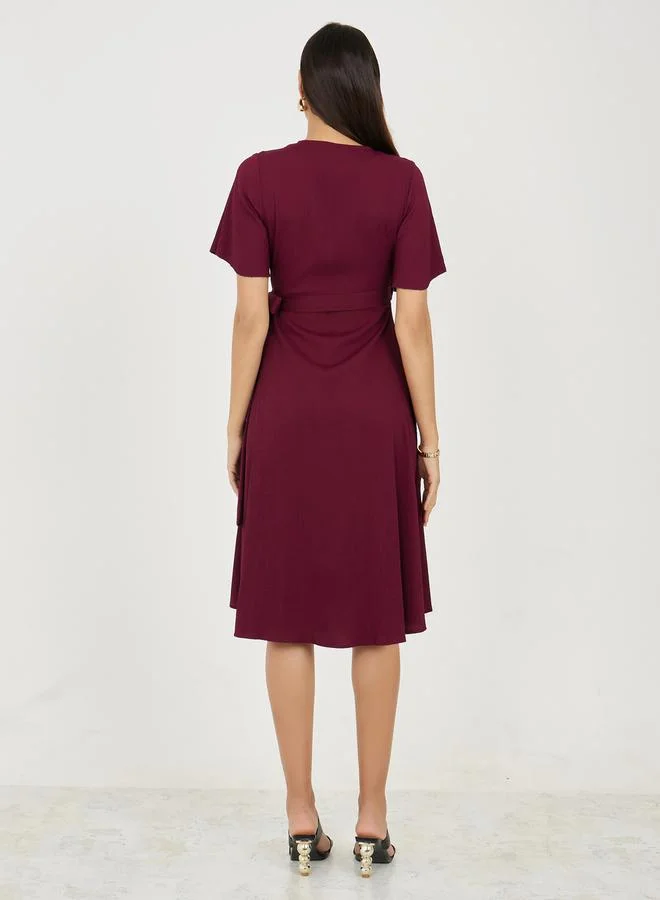 Styli Textured Wrap Knee Length Dress with Tie Waist